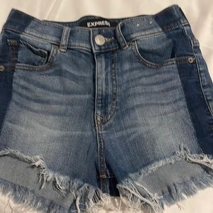 Express Blue Striped Distressed Frayed Hem Shortie High Rise Jean Shorts 00